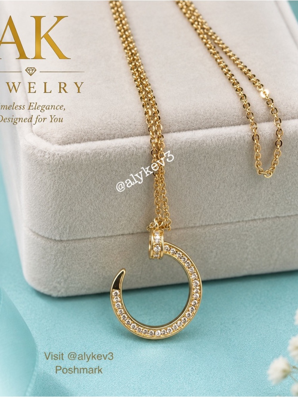 💎18k LUXURY NAIL Necklace Round Screw Pave Stones Gold Plated, 18” Chain